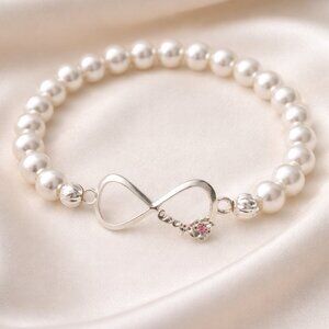 Pearl Stretch Bracelet Silver Infinity Charm Pink Rhinestone Love Accent